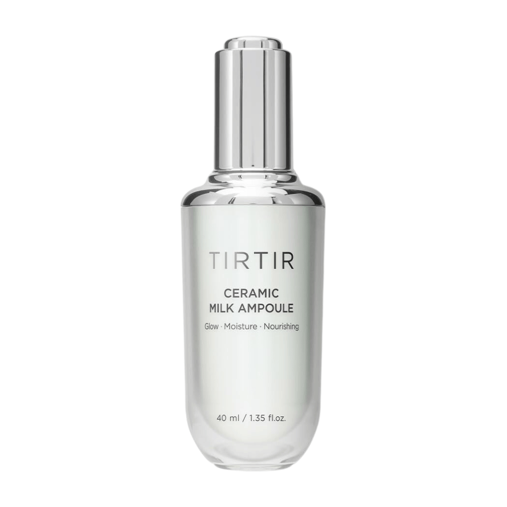  Przezroczysta butelka TIRTIR Ceramic Milk Ampoule, oznaczona jako "Glow - Moisture - Nourishing", na białym tle.