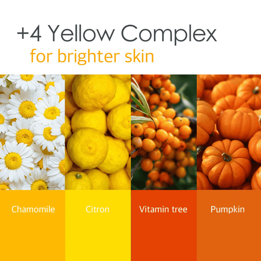 Grafika informacyjna o „4 Yellow Complex” ze składnikami takimi jak rumianek, cytryna, vitamin tree i dynia. Nacisk położono na jaśniejszy koloryt skóry i właściwości rozświetlające.