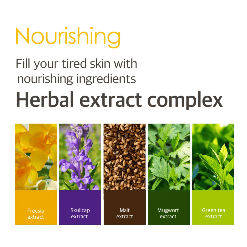 Grafika informacyjna o Herbal Extract Complex z ekstraktami roślinnymi m.in. z frezji, tarczycy bajkalskiej, słodu, bylicy i zielonej herbaty, które pomagają odżywić i pielęgnować zmęczoną skórę.