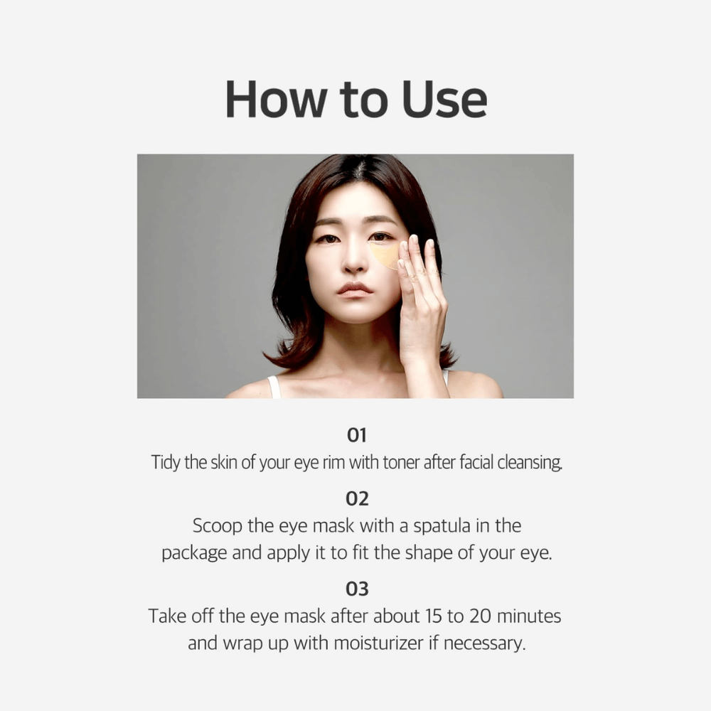 Grafika instruktażowa pokazująca, jak używać Chamomile Lightening Hydrogel Eye Mask po oczyszczeniu i tonik do twarzy. Instrukcja opisuje aplikację, czas działania oraz końcowe nawilżenie okolic oczu.