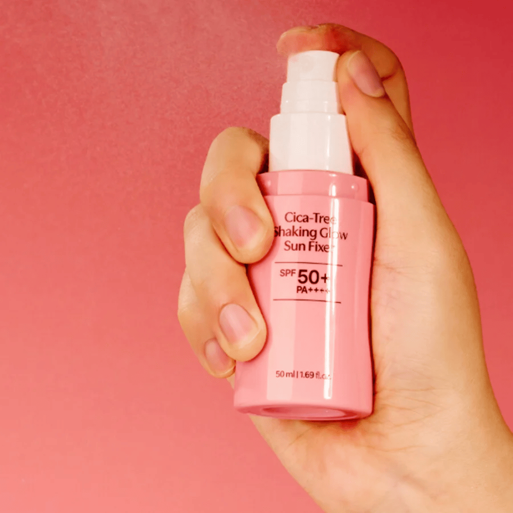 TAGE Cica-Tree Shaking Glow Sun Fixer SPF50+ – aplikacja koreańskiego filtra przeciwsłonecznego za pomocą pompki w sprayu
