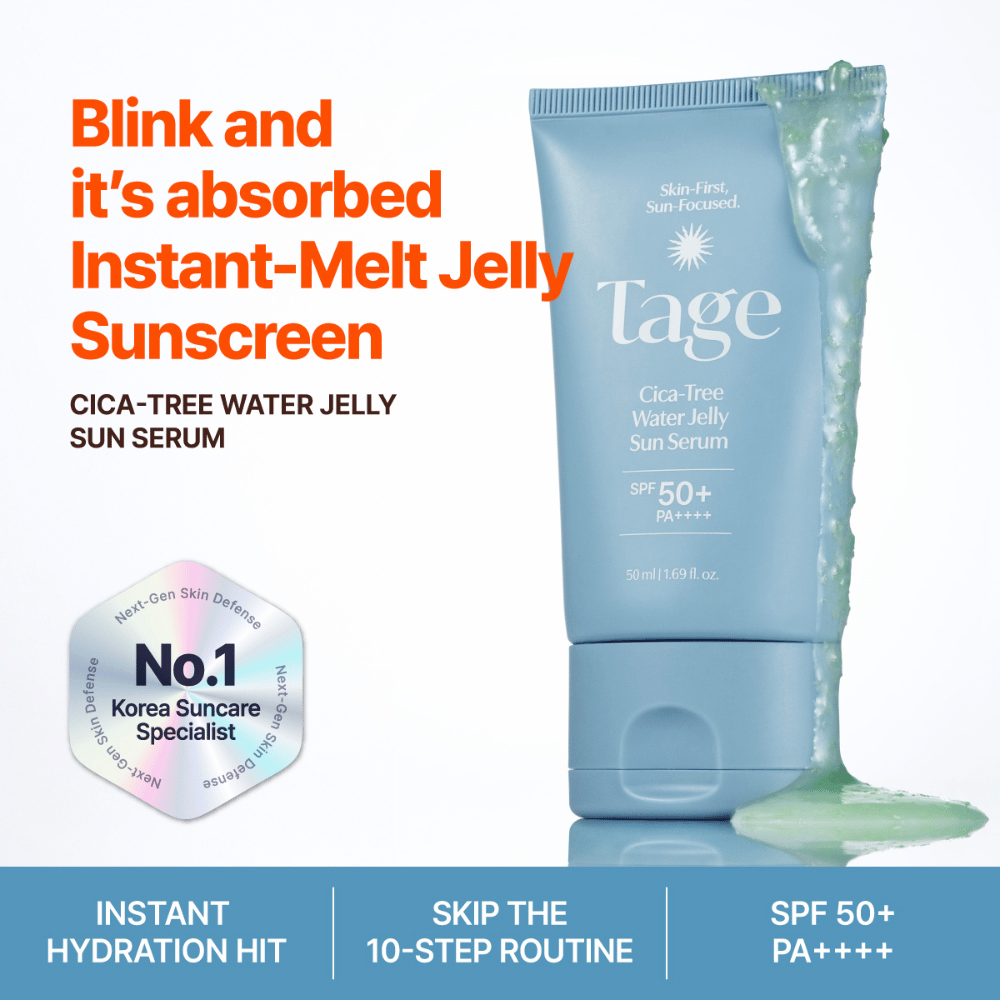Tage Cica-Tree Water Jelly Sun Serum SPF 50+ o lekkiej żelowej konsystencji. Niebieska tubka kremu przeciwsłonecznego z zielonym żelem pokazującym teksturę produktu.