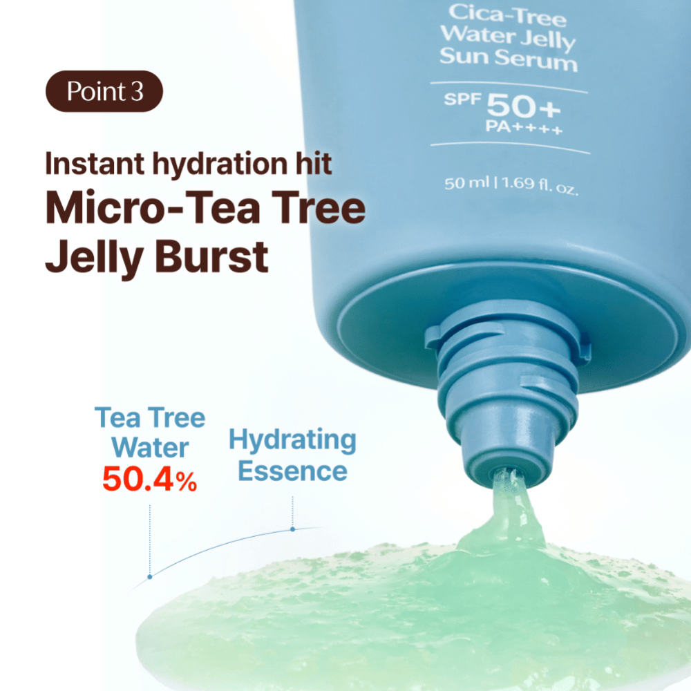 Tage Cica-Tree Water Jelly Sun Serum SPF 50+ z 50,4% wodą tea tree. Zbliżenie na zielony, nawilżający żel wyciskany z tubki.