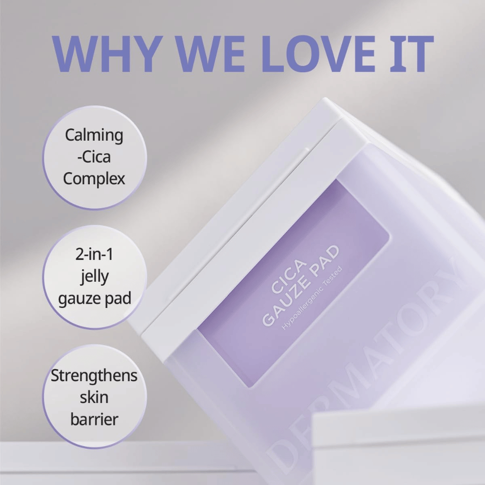 Zdjęcie Cica Gauze Pad z tekstem 'Why We Love It'. Produkt zawiera kojący kompleks Cica, działa jako 2-w-1 żel-opatrunek i wzmacnia barierę skórną. Idealny dla wrażliwej skóry.