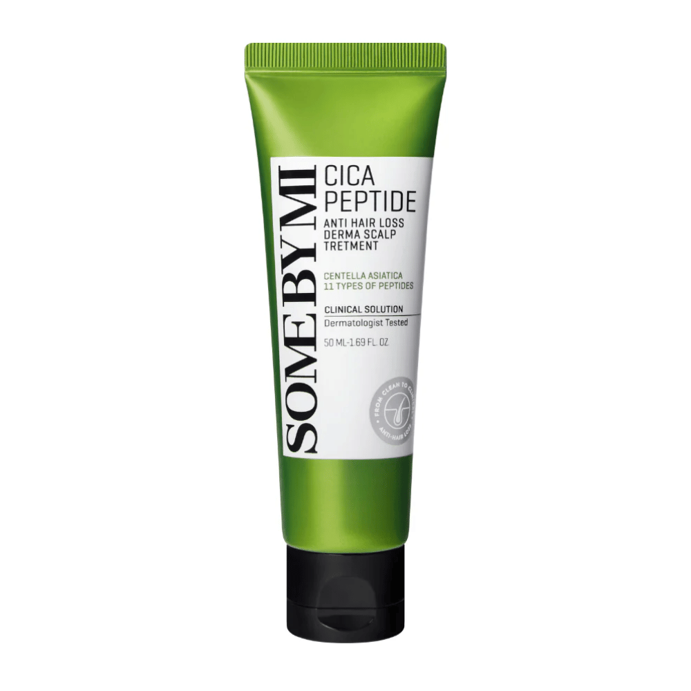 SOME BY MI Cica Peptide Anti Hair Loss Derma Scalp Treatment w zielonej i białej tubie z czarną zakrętką, produkt przeciw wypadaniu włosów i do pielęgnacji skóry głowy.