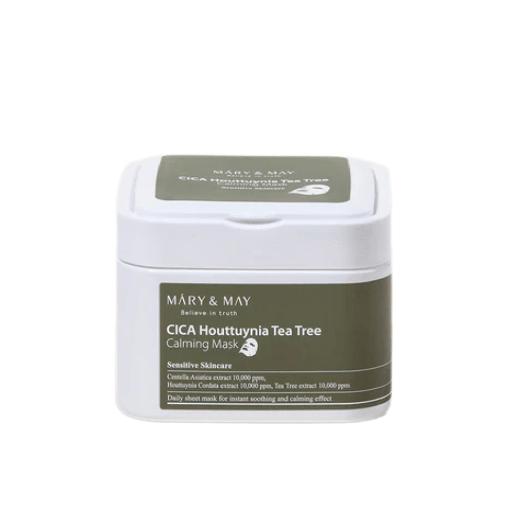 Mary & May Cica Houttuynia Tea Tree Calming Mask – słoik z kojącymi maseczkami w płachcie dla skóry wrażliwej, wzbogacony w centellę, houttuynię i ekstrakt tea tree.