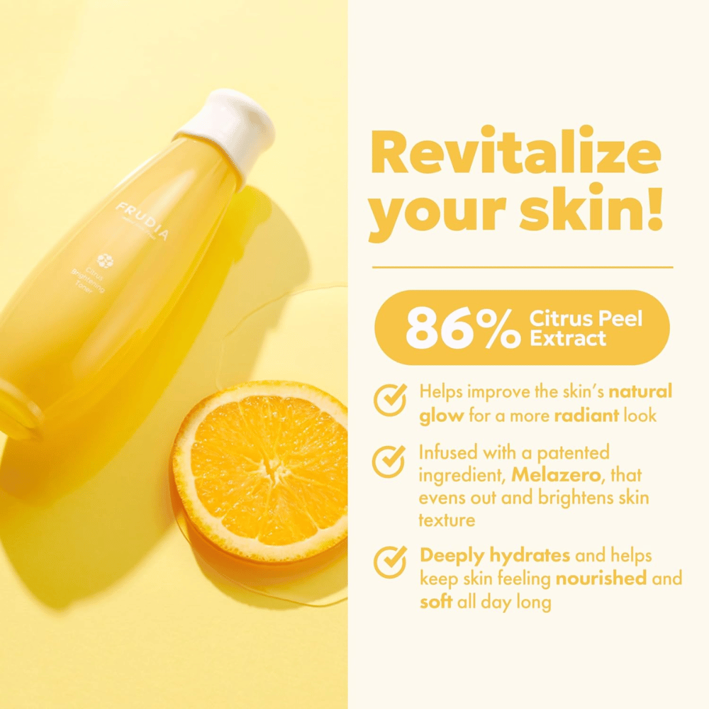FRUDIA Citrus Brightening Toner z 86% ekstraktem ze skórki cytrusowej – nawilżająca i rozświetlająca tonik do twarzy, która poprawia naturalny blask skóry i zapewnia miękką, promienną skórę.