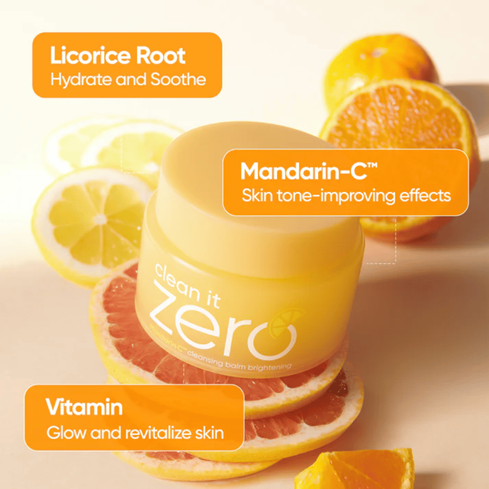 Banila Co Clean It Zero Mandarin-C cleansing balm z ekstraktem z pomarańczy, który poprawia koloryt skóry, dodaje blasku oraz przeciwdziała nierównościom skóry i drobnym liniom