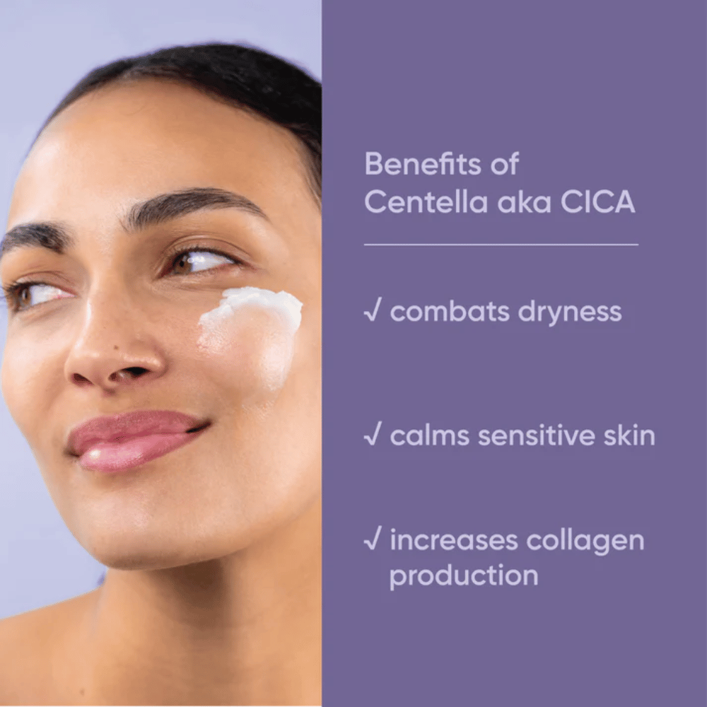Osoba nakładająca krem do twarzy, grafika pokazująca zalety Centella Asiatica (CICA) w Clean It Zero Calming Cleansing Balm dla suchej, wrażliwej skóry i zwiększonej produkcji kolagenu.