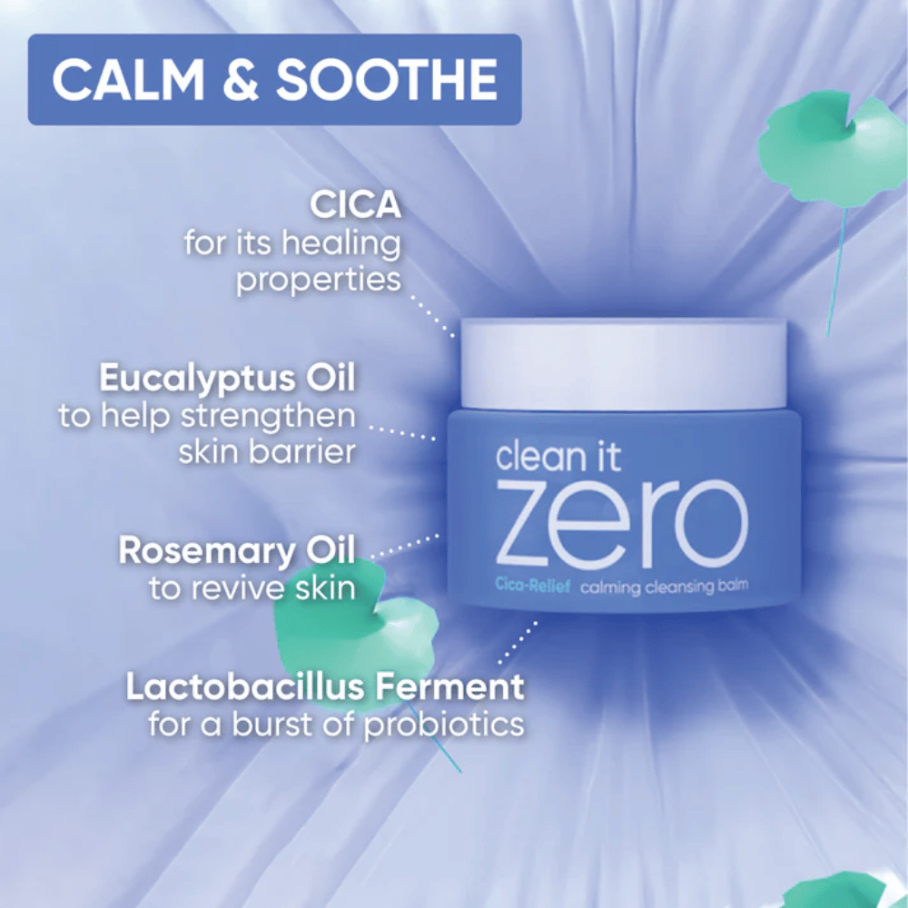 Obraz informacyjny dla Clean It Zero Cica-Relief Calming Cleansing Balm, który podkreśla kojące składniki takie jak CICA, olejek eukaliptusowy, olejek rozmarynowy i ferment lactobacillus dla wzmocnionej bariery skórnej.