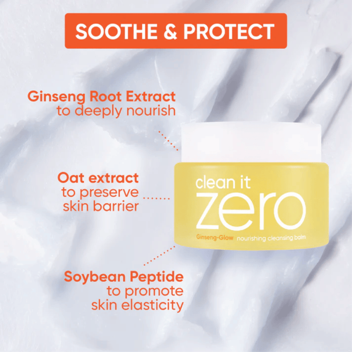 Clean It Zero Ginseng-Glow Cleansing Balm od BANILA CO z żeń-szeniem, ekstraktem z owsa i peptydami sojowymi, stworzony, aby łagodzić, chronić i wzmacniać barierę skórną, jednocześnie rozpuszczając makijaż i brud.