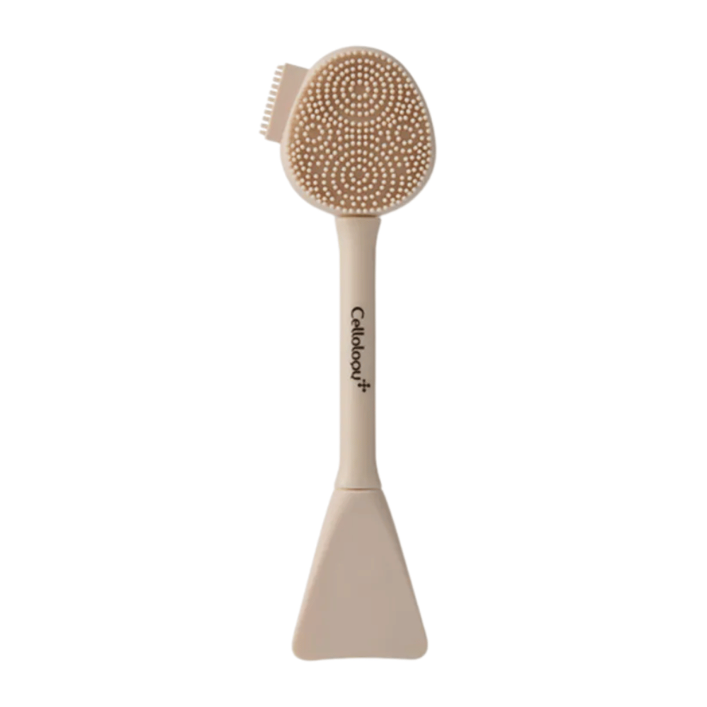 3. Cellolopy Cleaning Brush – beżowa szczoteczka do twarzy z miękkimi silikonowymi wypustkami i szpatułką do nakładania maseczek na twarz