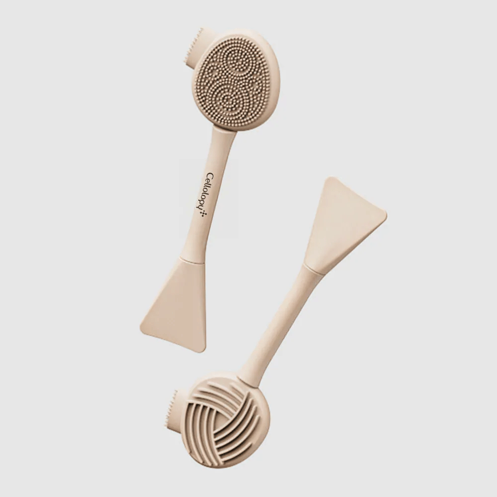 2. Cellolopy Cleaning Brush – przód i tył wielofunkcyjnej szczoteczki oczyszczającej z silikonowym włosiem, żłobioną powierzchnią i szpatułką