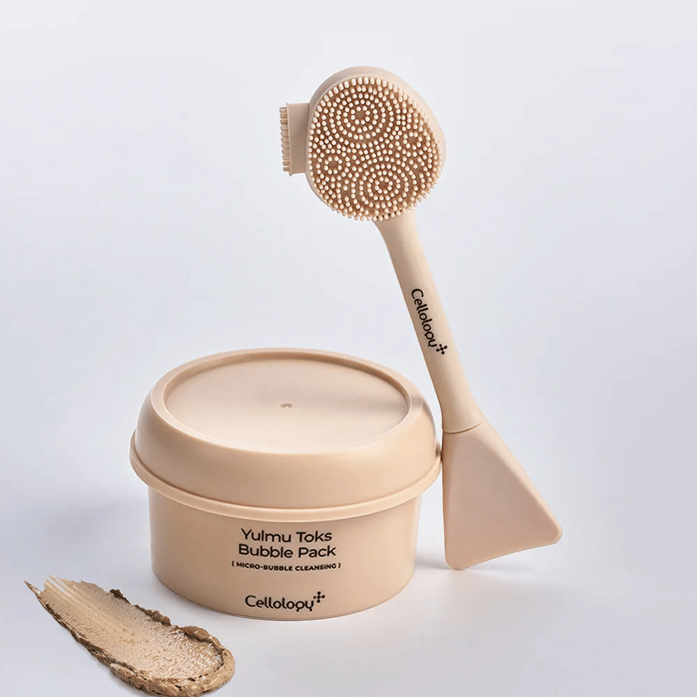 1. Cellolopy Cleaning Brush – beżowa szczoteczka oczyszczająca z silikonowym włosiem i szpatułką wraz z Yulmu Toks Bubble Pack