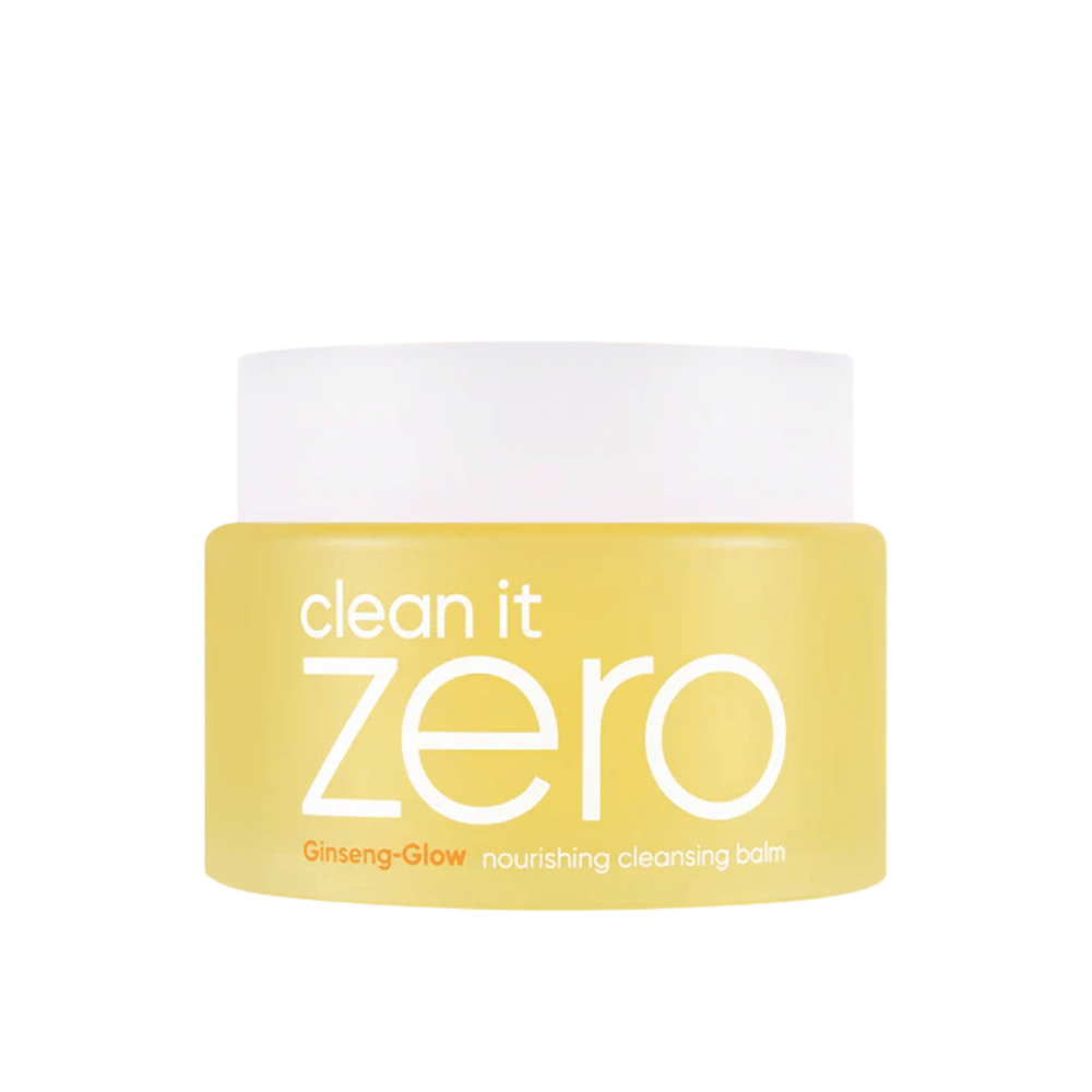 Clean It Zero Ginseng-Glow Nourishing Cleansing Balm w żółtym słoiku na białym tle, nawilżający balsam oczyszczający od BANILA CO, który skutecznie usuwa makijaż i zanieczyszczenia.
