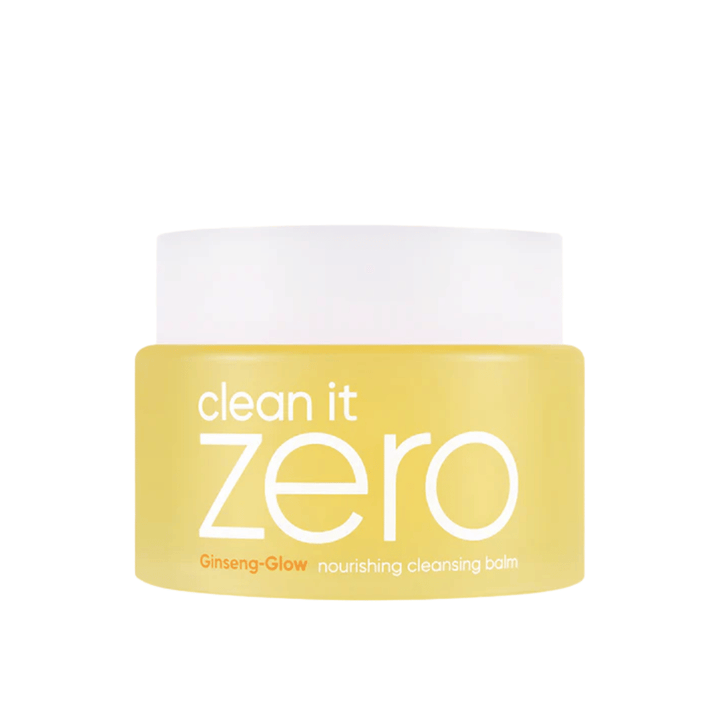 Clean It Zero Ginseng-Glow Nourishing Cleansing Balm w żółtym słoiku na białym tle, nawilżający balsam oczyszczający od BANILA CO, który skutecznie usuwa makijaż i zanieczyszczenia.