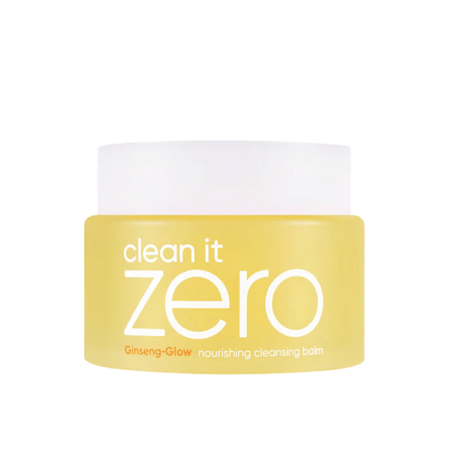Clean It Zero Ginseng-Glow Nourishing Cleansing Balm w żółtym słoiku na białym tle, nawilżający balsam oczyszczający od BANILA CO, który skutecznie usuwa makijaż i zanieczyszczenia.