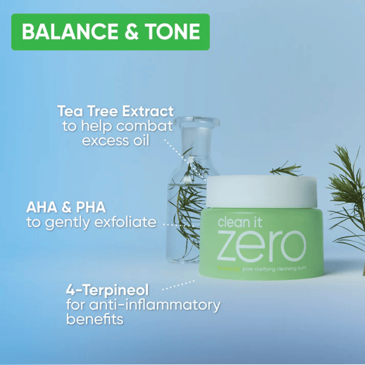 Clean It Zero Pore Clarifying Cleansing Balm z ekstraktem Tea Tree, AHA i PHA, który balansuje skórę, redukuje nadmiar oleju i delikatnie złuszcza dla jaśniejszej cery.