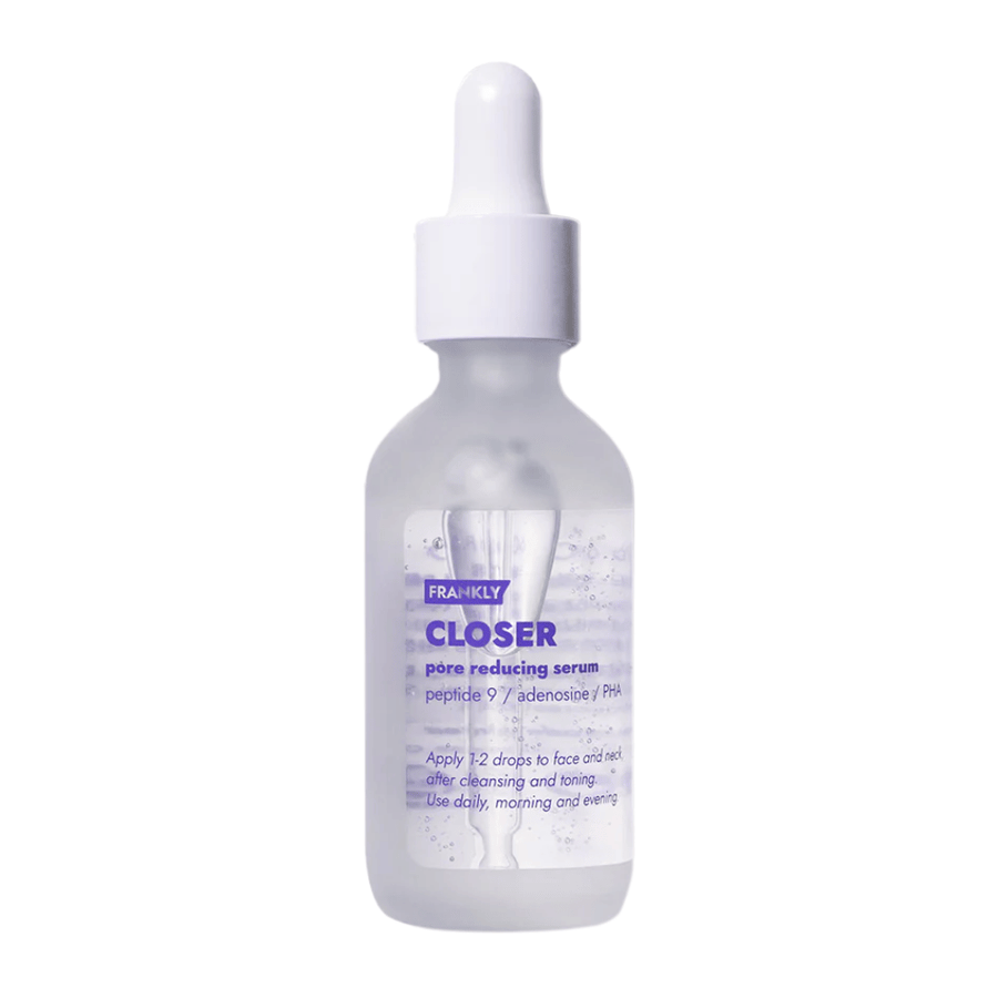 Produktbild av FRANKLY Closer Pore Reducing Serum i glasflaska med pipett. Ett serum som förfinar porer och ger fastare, klarare hud.