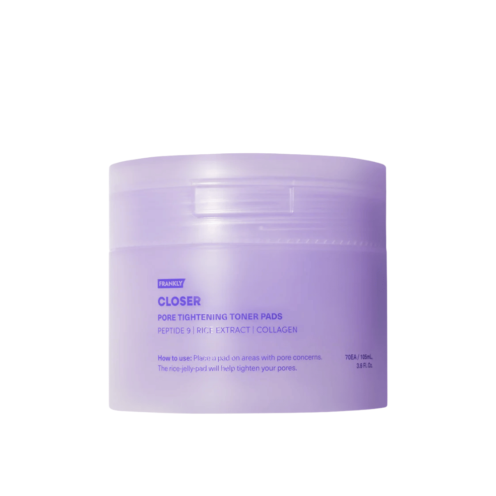 Zdjęcie produktu FRANKLY Closer Pore Tightening Toner Pads w fioletowym słoiku. Podkładki tonizujące z peptydami, ekstraktem z ryżu i kolagenem do zwężania porów.
