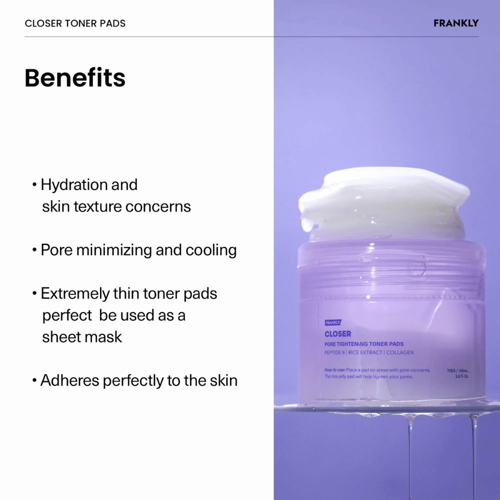 Fioletowy słoik z FRANKLY Closer Toner Pads wypełniony cienkimi, nawilżającymi podkładkami. Tekst opisuje zalety takie jak zwężanie porów i efekt chłodzenia.