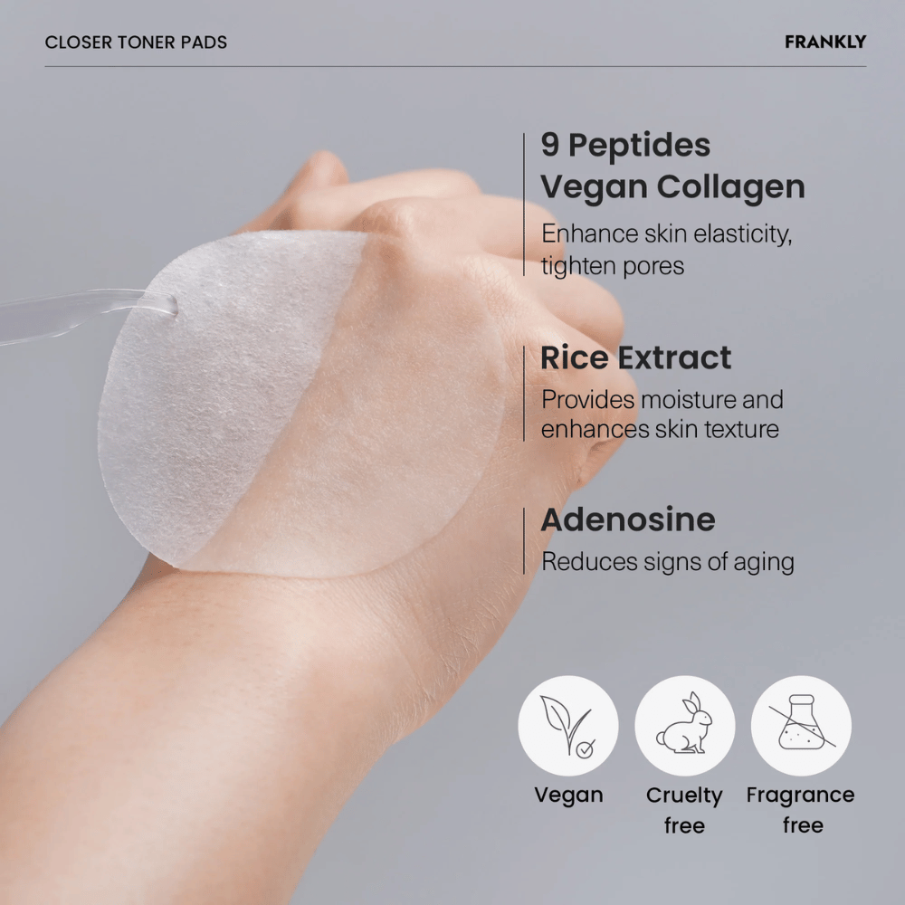 Zbliżenie na FRANKLY Closer Toner Pad na dłoni. Tekst pokazuje składniki takie jak 9 peptydów, wegański kolagen, ekstrakt z ryżu i adenozynę. Wegański i cruelty-free.