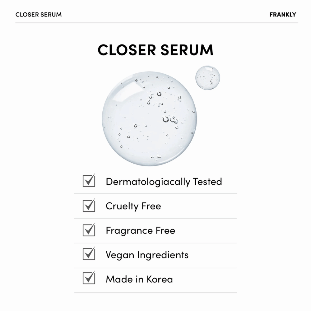 FRANKLY Closer Serum z przezroczystym żelem i listą cech: testowane dermatologicznie, wegańskie, cruelty-free i bez perfum.