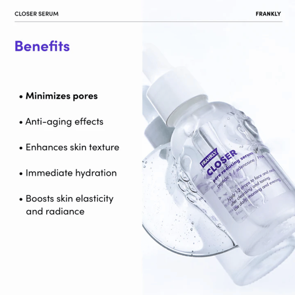 FRANKLY Closer Serum w przezroczystej butelce na błyszczącej powierzchni. Tekst podkreśla zalety takie jak zminimalizowane pory, nawilżenie i poprawiona tekstura skóry.