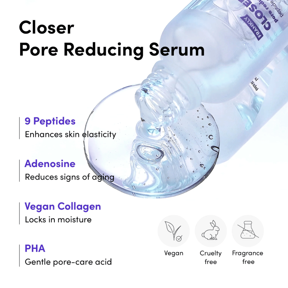 Zbliżenie na FRANKLY Closer Pore Reducing Serum z składnikami: 9 peptydów, adenozyna, wegański kolagen i PHA. Wegańska i cruelty-free formuła.
