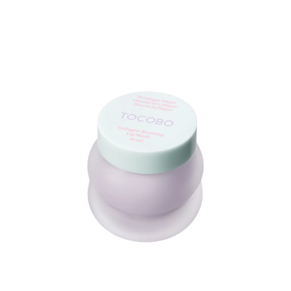 Zbliżenie na zamknięty słoik TOCOBO Collagen Boosting Lip Mask z miętowozieloną pokrywką na białym tle.