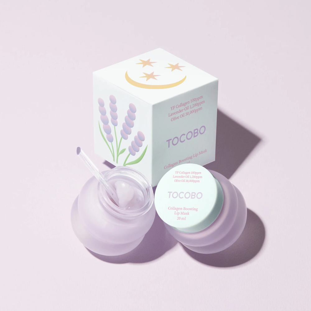 TOCOBO Collagen Boosting Lip Mask z opakowaniem ozdobionym lawendą i symbolami księżyca.