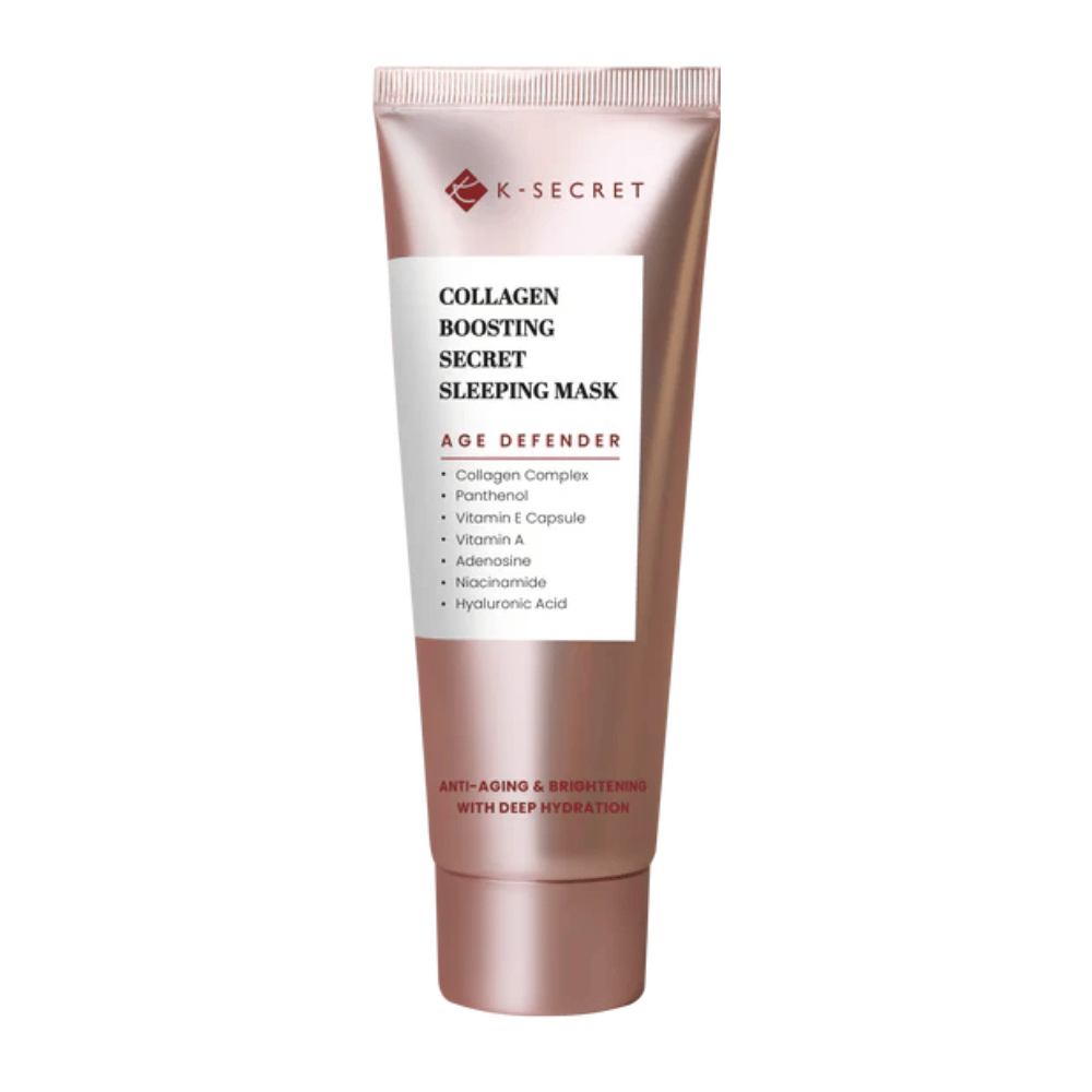 Obraz produktu K-SECRET Collagen Boosting Secret Sleeping Mask w tubce w kolorze różowego złota z tekstem podkreślającym działanie przeciwstarzeniowe, nawilżające oraz składniki takie jak kolagen, pantenol i kwas hialuronowy.