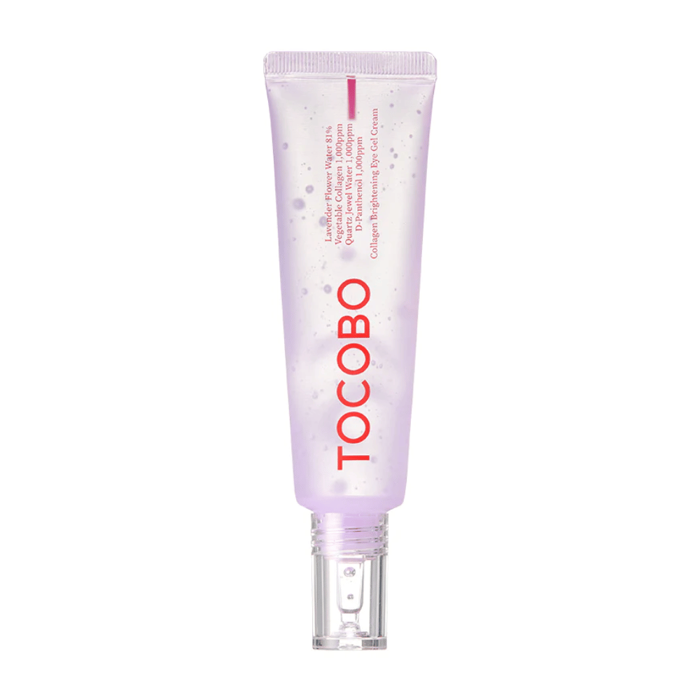 Produkt na zdjęciu to "Collagen Brightening Eye Gel Cream" od TOCOBO. Jest to żel pod oczy w fioletowej tubce z białymi kropkami, zaprojektowany, aby rozjaśnić i poprawić wygląd skóry wokół oczu.