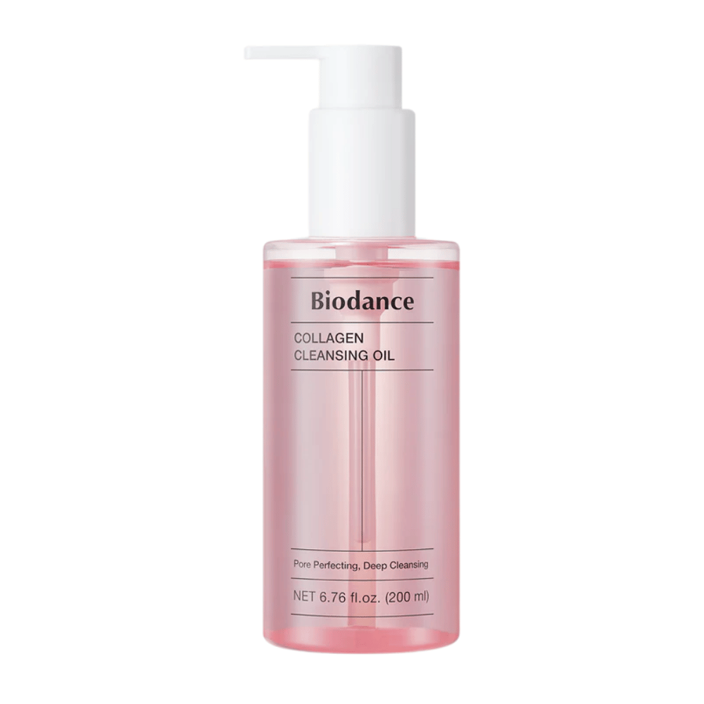 Zdjęcie produktu Biodance Collagen Cleansing Oil w przezroczystej różowej butelce z białą pompką, tekst "Pore Perfecting, Deep Cleansing" i pojemność 200 ml.