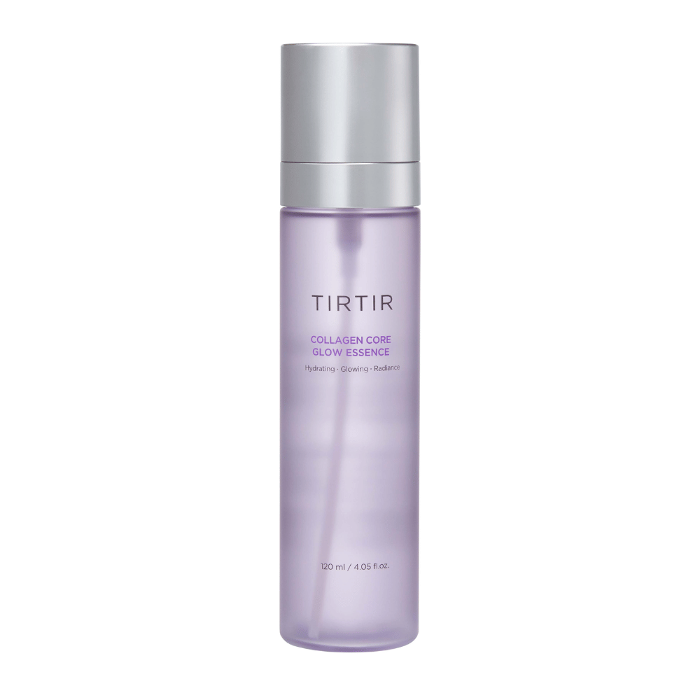 Zdjęcie produktu TIRTIR Collagen Core Glow Essence – rozświetlająca esencja w eleganckiej fioletowej butelce, która nawilża i poprawia elastyczność skóry.