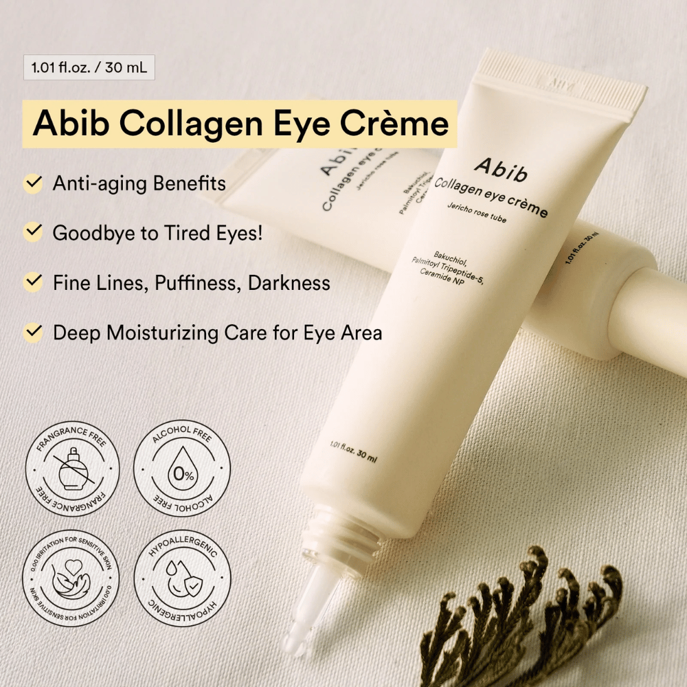 Abib Collagen Eye Crème z tekstem o działaniu przeciwstarzeniowym i intensywnym nawilżeniu dla okolic oczu. Wolny od alkoholu, perfum i hipoalergiczny.