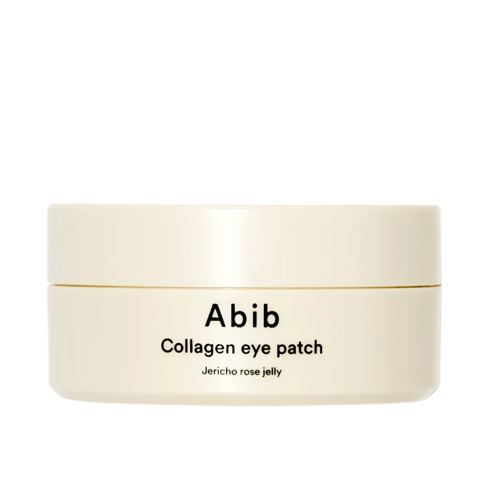 Opakowanie Abib Collagen Eye Patch Jericho Rose Jelly – beżowy słoik z czarnym napisem, zaprojektowany do pielęgnacji okolic pod oczami z kolagenem i nawilżającymi składnikami.