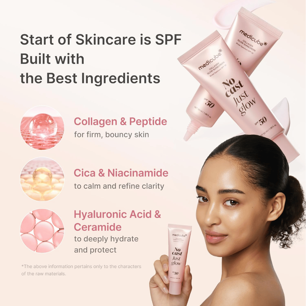 Medicube Collagen Glow Sunscreen SPF 50 z kolagenem, peptydami, niacynamidem i kwasem hialuronowym. Modelka trzyma w górze różową tubkę kremu przeciwsłonecznego.