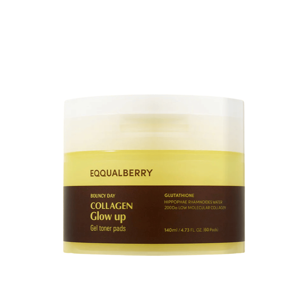 Bouncy Day Collagen Glow Up Gel Toner Pads, zawierający niskocząsteczkowy kolagen i glutation, aby poprawić elastyczność skóry i nadać jej młodzieńczy blask. Opakowanie z 60 płatkami.