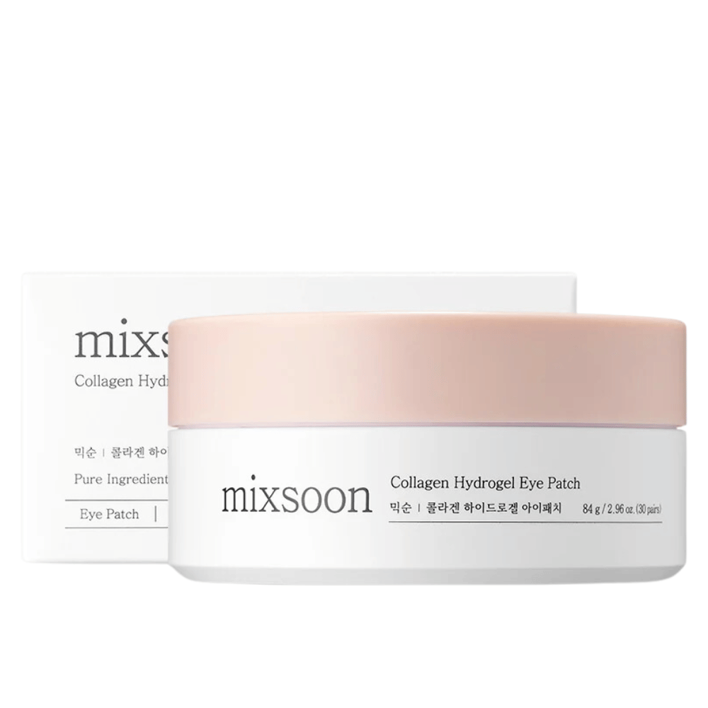 Obraz Mixsoon Collagen Hydrogel Eye Patch, przedstawiający słoik z różową pokrywką i białą podstawą. Słoik zawiera 84 g (30 par) płatków pod oczy. Karton jest elegancki i daje poczucie luksusowej pielęgnacji skóry. Produkt został zaprojektowany, aby nawilżać i odżywiać skórę pod oczami.