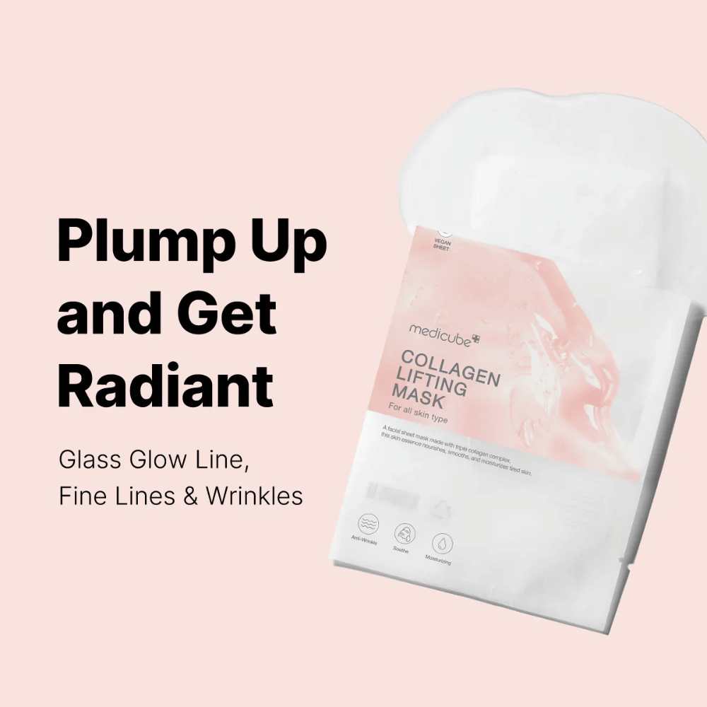 Opakowanie "Medicube Collagen Lifting Mask", maski do twarzy skoncentrowanej na ujędrnieniu skóry i nadaniu jej promiennego wyglądu. Produkt jest przeznaczony dla wszystkich typów skóry i został zaprojektowany, aby przeciwdziałać drobnym liniom i zmarszczkom. Tekst "Plump Up and Get Radiant" podkreśla właściwości maski, a elementy graficzne nadają nowoczesny i atrakcyjny wygląd.