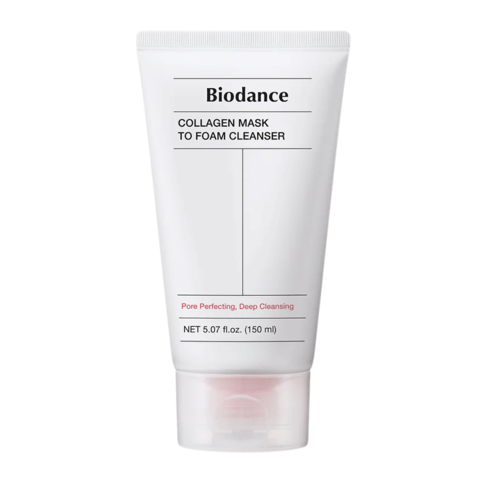 Zdjęcie produktu na Biodance Collagen Mask to Foam Cleanser w białej tubie z czarnym tekstem i różowymi detalami. Mieści 150 ml i jest reklamowany jako głęboko oczyszczający i poprawiający wygląd porów.