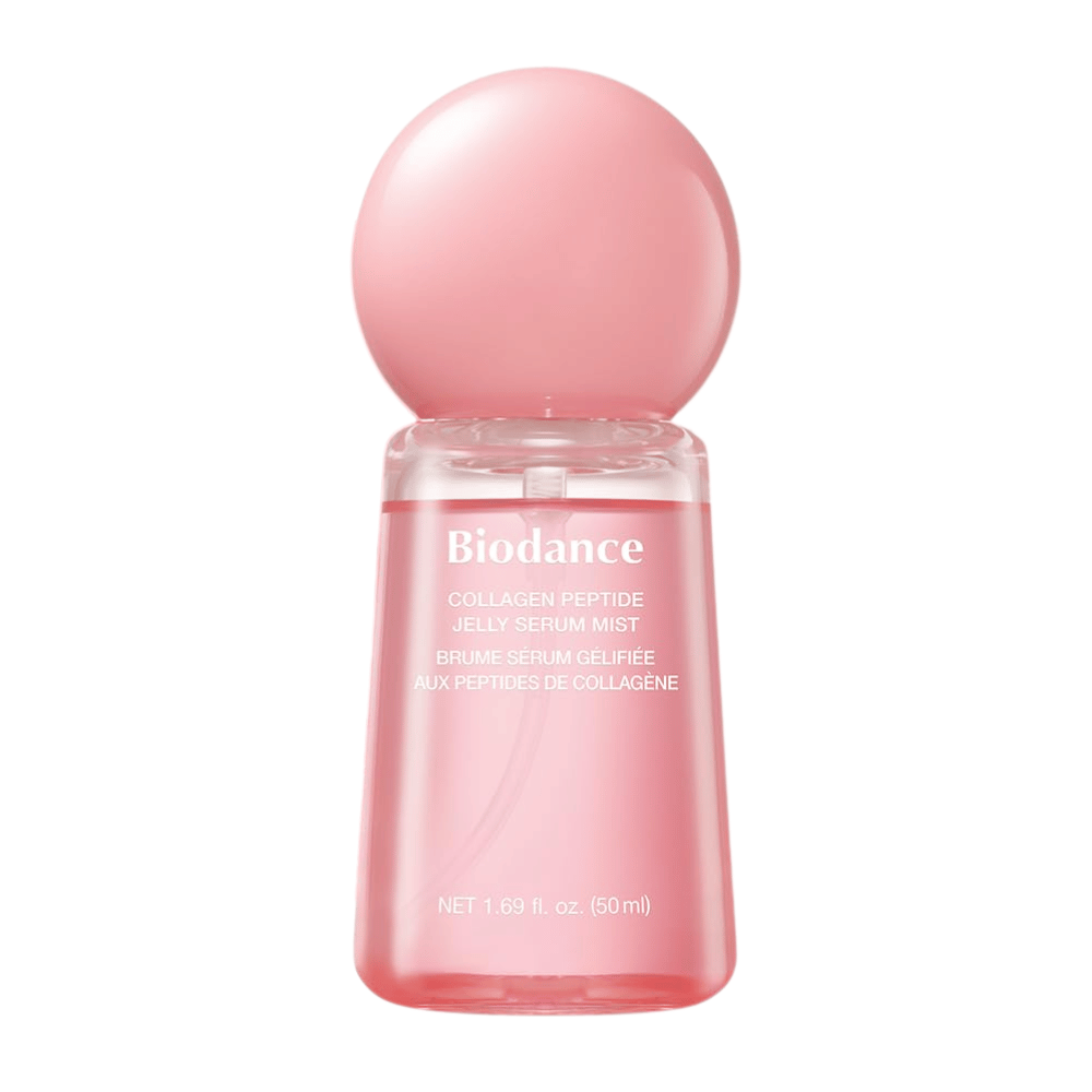 Biodance Collagen Peptide Jelly Serum Mist 50 ml – różowa mgiełka do twarzy i serum z kolagenem oraz peptydami dla nawilżenia i blasku.