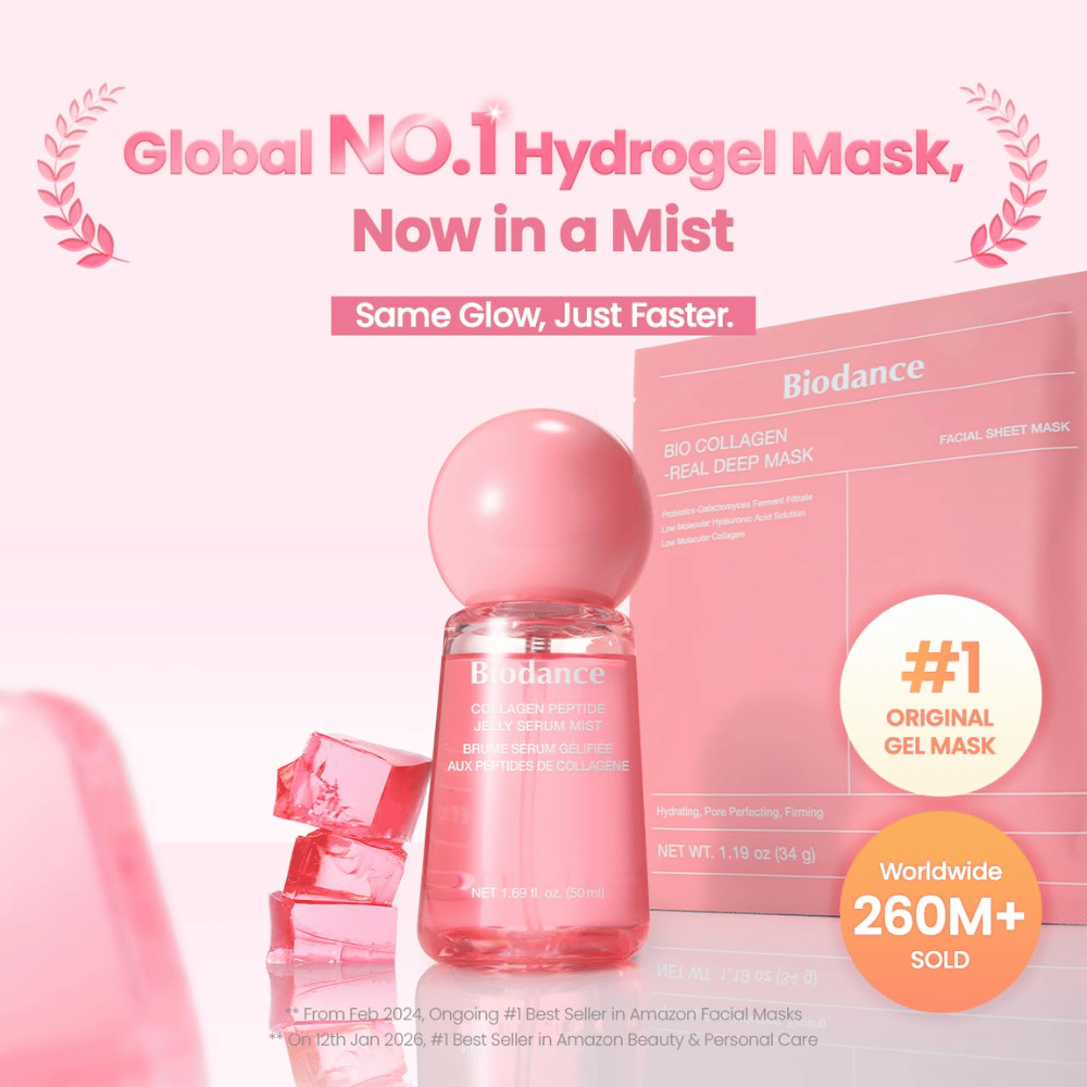 Biodance Collagen Peptide Jelly Serum Mist razem z Biodance Bio-Collagen Real Deep Mask – pielęgnacja skóry inspirowana hydrożelem dla blasku i nawilżenia.
