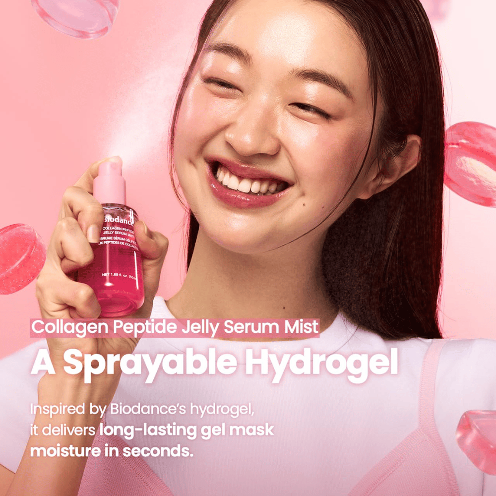 Biodance Collagen Peptide Jelly Serum Mist – mgiełka do twarzy inspirowana hydrożelem w sprayu dla szybkiego i długotrwałego nawilżenia.