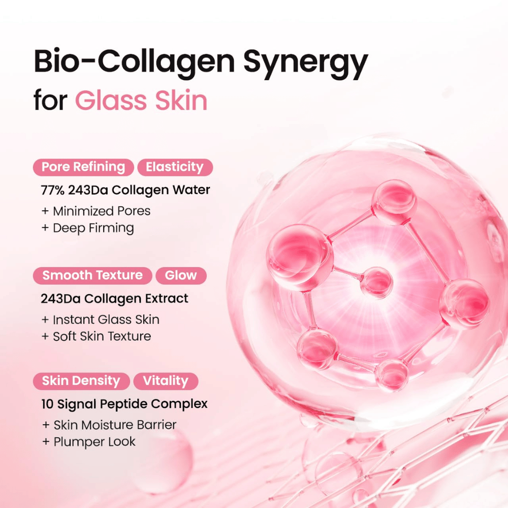 Biodance Collagen Peptide Jelly Serum Mist z 77% wodą kolagenową, ekstraktem kolagenowym i kompleksem peptydowym dla blasku, jędrności i nawilżenia.