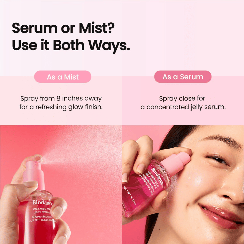 Biodance Collagen Peptide Jelly Serum Mist można stosować zarówno jako mgiełkę do twarzy, jak i serum dla nawilżenia oraz świeżego, rozświetlającego wykończenia.