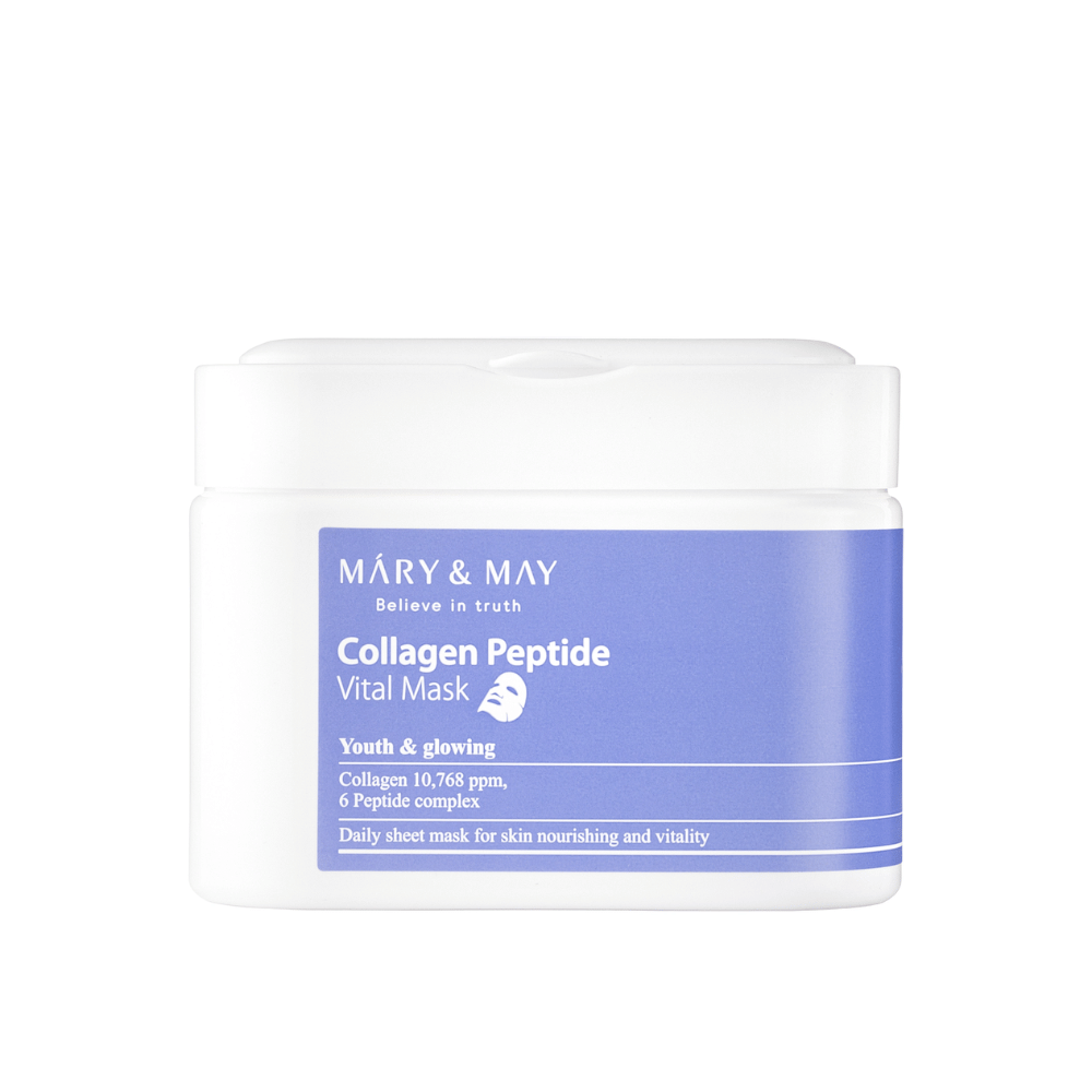 Collagen Peptide Vital Mask" od MARY & MAY w białym i fioletowym słoiku. Produkt zawiera 10 768 ppm kolagenu i kompleks peptydowy, aby odżywić skórę i nadać jej blasku. Ta codzienna maska do twarzy została zaprojektowana, aby zapewnić młodzieńczą i promienną cerę.