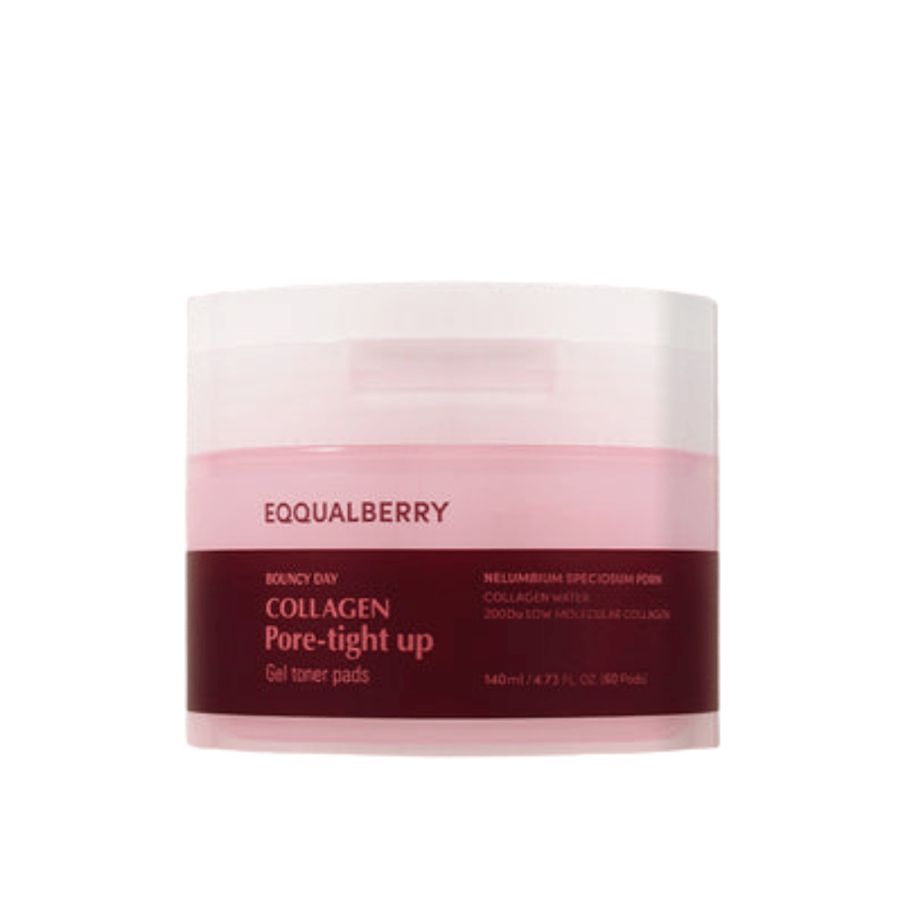 Słoik z Bouncy Day Collagen Pore-Tight Up Gel Toner Pads. Słoik jest różowy i czerwony, i zawiera 140 ml produktu, który pomaga ujędrnić skórę i zmniejszyć wielkość porów.