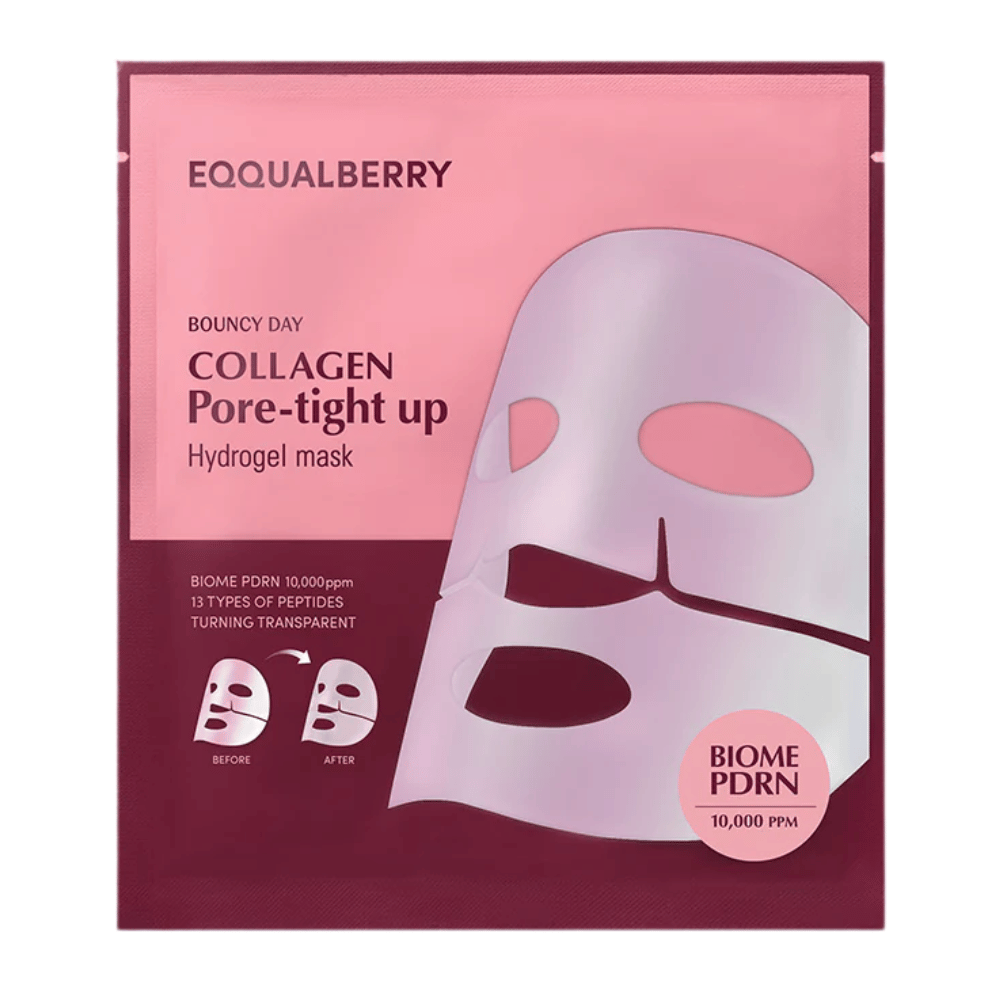Opakowanie dla Collagen Pore-tight Up Hydrogel Mask, maski do twarzy z biome PDRN i 13 rodzajami peptydów, jest widoczne w różowym opakowaniu z obrazkami przed i po, pokazującymi efekty maski.